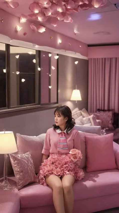 <lora:JJsLoveHotel_XL:1>,((Love Hotel)), ((dramatic lighting)), Masterpiece, high quality, best quality, authentic, super detail , high quality, ceiling light, highly detailed, screen, sofa, coach, pillow,rose petals, bottle, glass,
((1girl,school dress, sailor fuku sitting on sofa)),