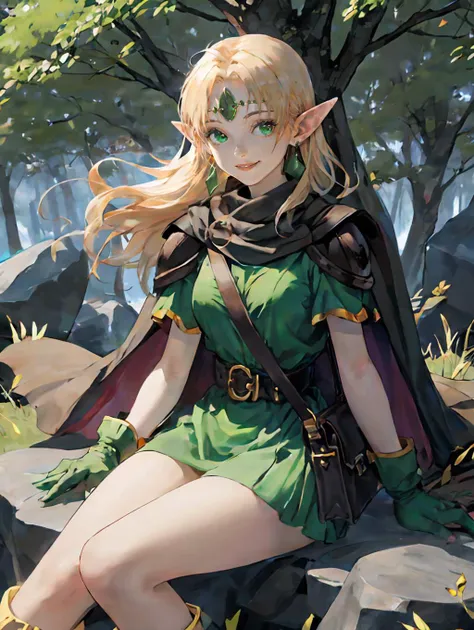 absurdres, highres, upper body,
elfmyst, 1girl, circlet, earrings, cape, shoulder armor, short dress, shoulder bag, gloves, belt, green boots,
sitting, looking at viewer, light smile, floating hair, wind,
forest, outdoors, rock, tree, fantasy,
perfect hands,
<lora:envybetterhandsLocon_beta2:1> <lora:elfmyst:0.8>