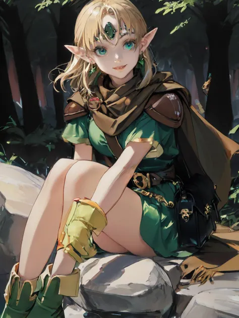 absurdres, highres, upper body,
elfmyst, 1girl, circlet, earrings, cape, shoulder armor, short dress, shoulder bag, gloves, belt, green boots,
sitting, looking at viewer, light smile, floating hair, wind,
forest, outdoors, rock, tree, fantasy,
perfect hands,
<lora:envybetterhandsLocon_beta2:0.8> <lora:elfmyst:1>