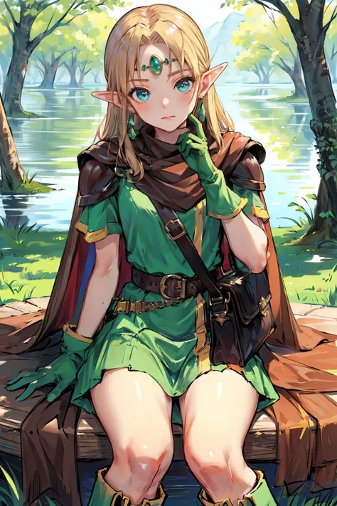 <lora:LuciaElf_V2-E10_(Mystara):0.7> elfmyst, circlet, earrings, cape, shoulder armor, short dress, shoulder bag, gloves, belt, green boots,
(8k,  masterpiece, best quality, high resolution),
cute face, kawaii, small face, very big eyes, 
sitting, on grass,
forest, lake,
(cowboy shot:1.2),
1girl, solo,