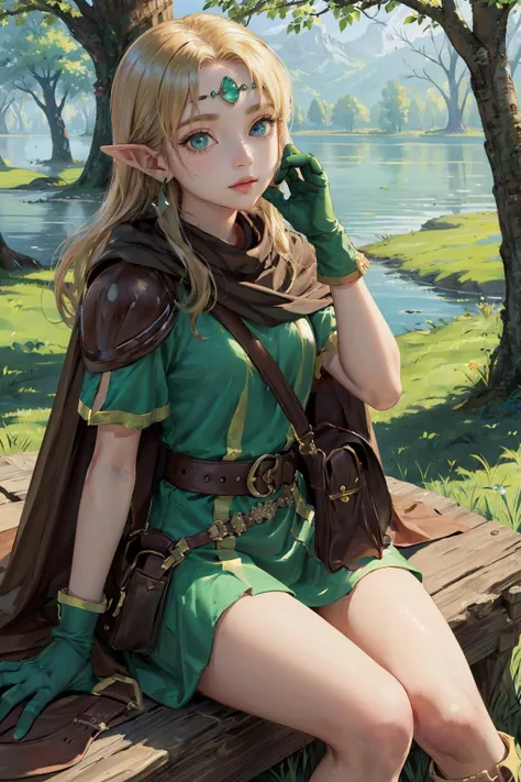 <lora:LuciaElf_V2-E10_(Mystara):0.7> elfmyst, circlet, earrings, cape, shoulder armor, short dress, shoulder bag, gloves, belt, green boots,
(8k, masterpiece, best quality, high resolution),
cute face, kawaii, small face, very big eyes,
sitting, on grass,
forest, lake,
(cowboy shot:1.2),
1girl, solo,