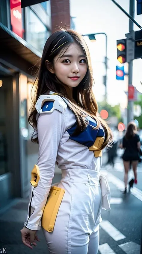 a cute gundam girl posing on the Japan Akihabara street corner, (gundam_girl), sfw, (extremely bright backlight:1), ultra wide angle, dynamic angle, (realistic, photo-realistic:1.37),(8k, RAW photo, best quality, masterpiece:1.2), ultra-detailed, physically-based rendering, ultra high res, extremely detailed face, extremely detailed eyes and face, beautiful detailed eyes, incredibly absurdness,1girl, wearing robot armor, white, red and blue armor, day, bright, blur background, bokeh, outdoor, (street:0.8), (people, crowds:0.8), cute, gorgeous, (long hair:1.2), beautiful detailed sky, (dynamic pose:1), smiling face <lora:koreandolllikenessV20_v20:0.5> <lora:gundamgirl_v20:0.8>