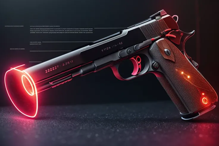 Steyr M1912 (1912)The M1912 is a semi-automatic pistol chambered in 9x19mm Parabellum. It has a walnut grip, a blued or parkerized steel finish, and a simple, rugged design., f detailed build focus on details, intricated, masterpiece, best quality , raw photo , cinematic light, close up , unique look, neon background <lora:J_diagram:0.85> bioluminescent, j_diagram