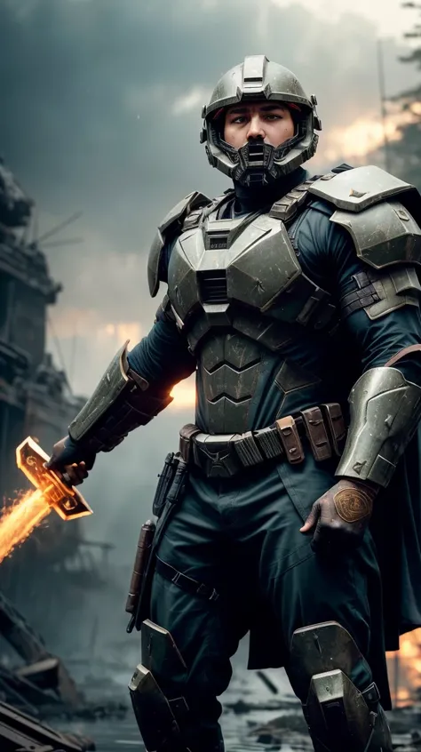 an awarded profesional photo of 1 man Marauder "Phobos" Cruz (Halo): Marauder Cruz, an imposing figure clad in the formidable Mjolnir-powered assault armor, is a Spartan soldier with a reputation for relentless combat prowess. His helmet, a symbol of his identity and honor, is adorned with a cracked visor that speaks of past battles and sacrifices. The glowing orange visor slits conceal his eyes, which burn with the fires of determination and courage. Cruz's armor, etched with intricate patterns and engraved with the names of fallen comrades, is battle-worn and bears the scars of countless engagements against the Covenant and the Flood. At his side, a brutal energy hammer crackles with lethal energy, a weapon that he wields with devastating efficiency to shatter enemy lines and instill fear in the hearts of those who stand against him. with Tall-Statuesque - A graceful and elegant figure with a taller stature. , ultradetailed, intricated face,(face details:1.1),perfect eyes, ideal body posture,perfect body proportions, by jeremy mann, by sandra chevrier, by maciej kuciara,(masterpiece:1.2),(ultradetailed:1.1), ultrasharp, (perfect, body:1.1),(realistic:1.3),(real shadow:1.2), photo Fujifilm XT3, ,(perfect body proportions:1.1)<lyco:GoodHands-beta2:1>, intricated hands,(by Michelangelo),(profesional lights:1.3) (profesional photography:1.3), cowboy shot (character focus:1.1), depth of field, perfect hands, realistic shadows, realsitic lights, perfect quality, natural skin, skin marks, detailed hairstyle, kkw-skin-det, photorealistic, realistic ,perfect quality,best quality,ultrasharp,ultradetailed,perfect quality,masterpiece,intricated details, focus on character <lora:add_detail:0.4> hotify, <hypernet:sxzBloom_sxzBloom:0.4> , extremally detailed, , detailed skin, raw