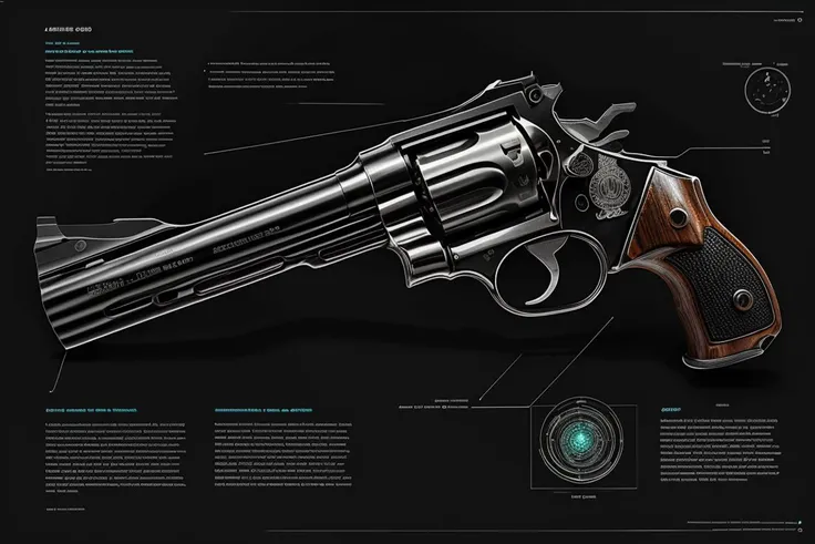 Smith & Wesson Model 10 (1908)The Model 10 is a double-action revolver known for its durability and firepower. It has a black rubber grip, a blued or stainless steel finish, and a six-round capacity., f detailed build focus on details, intricated, masterpiece, best quality , raw photo , cinematic light, close up , unique look,  neon background <lora:J_diagram:0.85> bioluminescent, j_diagram