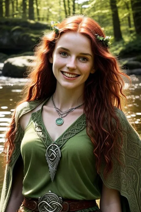18 yo skinny girl, druid, red hair, celtic medieval fantasy, excellence, portrait, happy smile, ultradetailed, bright sunny sky, celtic irish druid background nature environment lansdcape, cascade pond, celtic irish druid leafy forest, water ripples reflections, wearing Leine druid irish clothes, bracelet, Celtic brooch, necklace, clovers, sharp focus, hdr, 4k, strong contrast, backlight, shadows, vibrant colors, lensflare, pretty, beautiful, adorable, luring, cute, rhythmic, orgasmic, trance, partly nude, detailed hands, symmetrical face, perfect big teeth