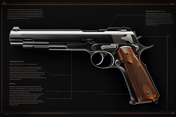 Mauser C96 (1896)The C96 is a semi-automatic pistol known for its unique box magazine and long barrel. It has a wooden grip, a nickel or blued finish, and a distinctive, boxy design., f detailed build focus on details, intricated, masterpiece, best quality , raw photo , cinematic light, close up , unique look, neon background <lora:J_diagram:0.85> bioluminescent, j_diagram