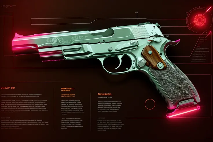 Luger P08 (1900)The P08 is a semi-automatic pistol known for its unique toggle action and high rate of fire. It has a walnut or plastic grip, a blued or nickel finish, and a distinctive, angular design., f detailed build focus on details, intricated, masterpiece, best quality , raw photo , cinematic light, close up , unique look, neon background <lora:J_diagram:0.85> bioluminescent, j_diagram