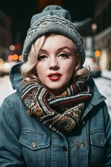medium shot, realistic photo of marilyn_monroe, a woman, wearing a parka jacket, wearing a scarf, wearing a beanie, wearing jeans, (masterpiece:1.1), (best quality:1.1), beautiful, (intricate details), unity 8k wallpaper, ultra detailed, aesthetic, perfect lighting, <lora:Marilyn Monroe:0.4> <lora:monroe:0.4>