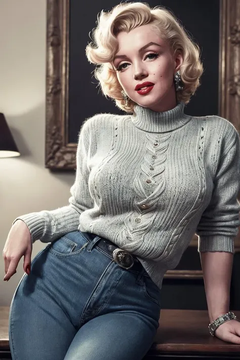 medium shot, realistic photo of marilyn_monroe, a woman, wearing a sweater, wearing jeans, (masterpiece:1.1), (best quality:1.1), beautiful, (intricate details), unity 8k wallpaper, ultra detailed, aesthetic, perfect lighting,   <lora:Marilyn Monroe:0.4> <lora:monroe:0.4>