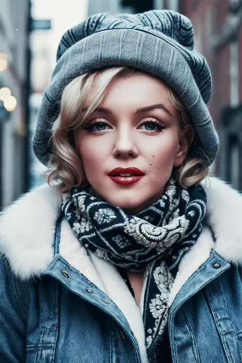 medium shot, realistic photo of marilyn_monroe, a woman, wearing a parka jacket, wearing a scarf, wearing a beanie, wearing jeans, (masterpiece:1.1), (best quality:1.1), beautiful, (intricate details), unity 8k wallpaper, ultra detailed, aesthetic, perfect lighting, <lora:Marilyn Monroe:0.4> <lora:monroe:0.4>