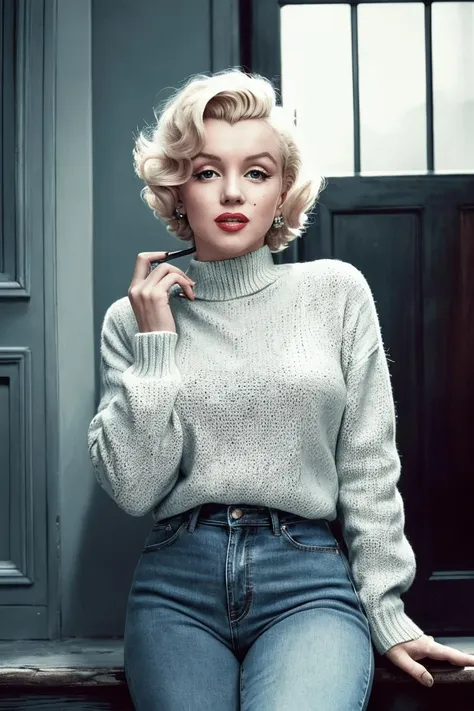 medium shot, realistic photo of marilyn_monroe, a woman, wearing a sweater, wearing jeans, (masterpiece:1.1), (best quality:1.1), beautiful, (intricate details), unity 8k wallpaper, ultra detailed, aesthetic, perfect lighting,   <lora:Marilyn Monroe:0.4> <lora:monroe:0.4>