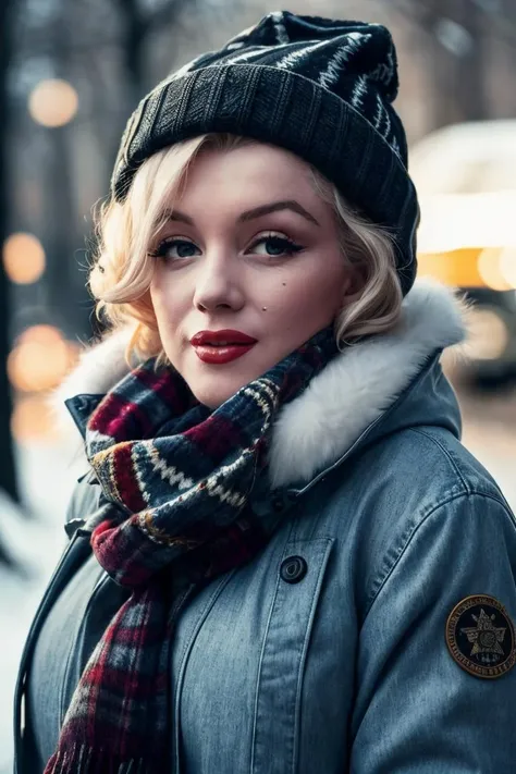 medium shot, realistic photo of marilyn_monroe, a woman, wearing a parka jacket, wearing a scarf, wearing a beanie, wearing jeans, (masterpiece:1.1), (best quality:1.1), beautiful, (intricate details), unity 8k wallpaper, ultra detailed, aesthetic, perfect lighting,   <lora:Marilyn Monroe:0.4> <lora:monroe:0.4>