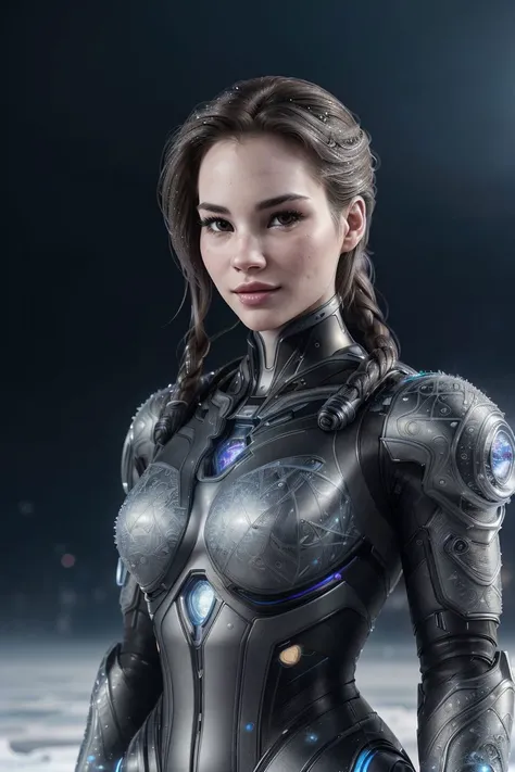 photo of S115_DianaJam, a stylish woman, as a cyborg, on a (frozen-lake:1.1), (snowstorm:1.2), wearing a (tech-mech-suit:1.2), (8k, RAW photo, best quality, depth of field, ultra high res:1.2), (absurdres, intricate, photorealistic, masterpiece, ultra-detailed, Unreal Engine:1.3)
