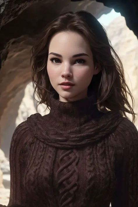 photo of S115_DianaJam, a beautiful woman, in a (cave:1.2), wearing a (cowlneck-sweater:1.2), (8k, RAW photo, best quality, depth of field, ultra high res:1.2), (absurdres, intricate, photorealistic, masterpiece, ultra-detailed, Unreal Engine:1.3)