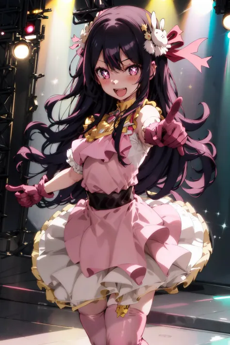 hoshino ai, 1girl, gloves, hair ornament, dress, long hair, smile, bangs, open mouth, thighhighs, pink thighhighs, blush, pointing, upper teeth only, pink dress, rabbit hair ornament, idol, stage <lyco:HoshinoAi-LoCon32V1-000009:1>