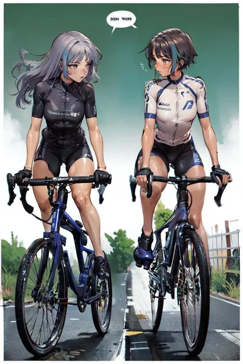 masterpiece, best quality, 2 girls, (random hair color:1.3), grey eyes, cycling outfit, (Text Bubble), comic about bike riding in the country, Border, (profiles:0.5), 4 panel, dynamic poses, high saturation,  <lora:Shiro Masamuneloha:0.7>, 4 panel comic, borders, <lora:manhuav1.2:1.0>,  full body, upper body