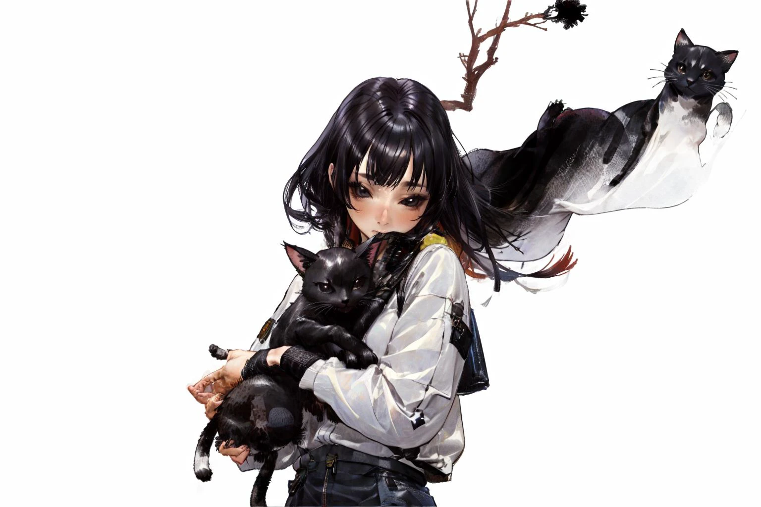 1girl,black hair,solo,holding animal,looking at viewer,black eyes,holding,long hair,holding cat,realistic,simple background,covered mouth,upper body,long sleeves <lora:colorFish_v10:0.7> <lora:dtl11-cnlight:-0.5> SHIRO MASAMUNE <lyco:Shiro Masamuneloha:0.8>