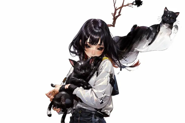 1girl,black hair,solo,holding animal,looking at viewer,black eyes,holding,long hair,holding cat,realistic,simple background,covered mouth,upper body,long sleeves   <lora:colorFish_v10:0.7> <lora:dtl11-cnlight:-0.5>    SHIRO MASAMUNE <lyco:Shiro Masamuneloha:0.8>