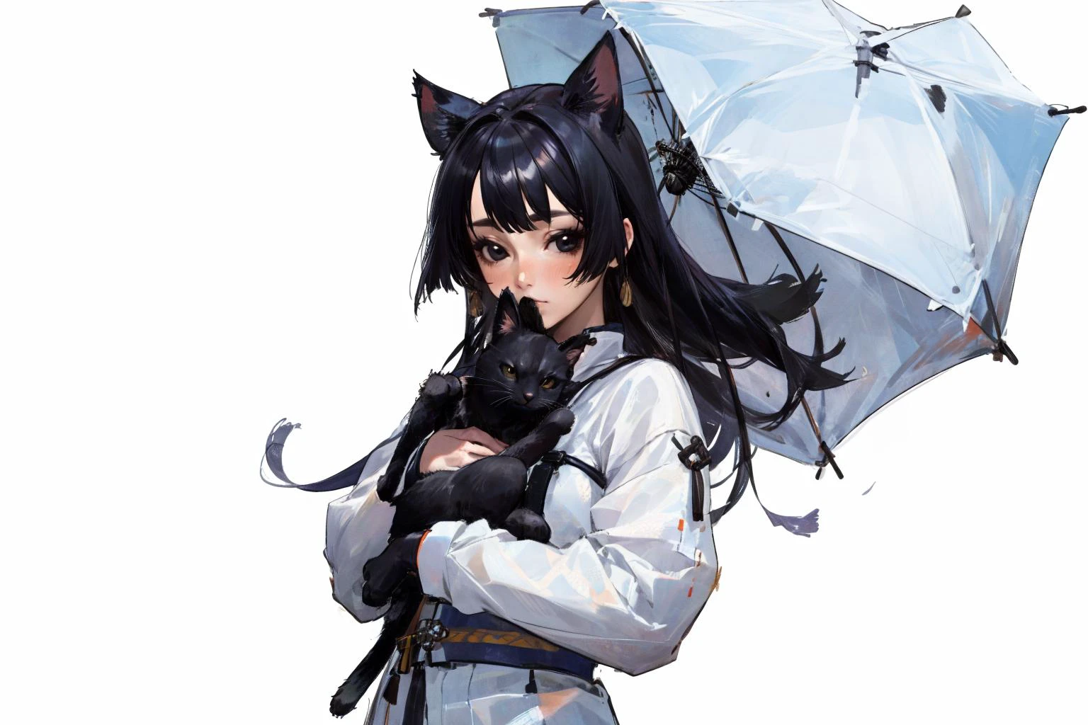 1girl,black hair,solo,holding animal,looking at viewer,black eyes,holding,long hair,holding cat,realistic,simple background,covered mouth,upper body,long sleeves <lora:colorFish_v10:0.7> <lora:dtl11-cnlight:-0.5> SHIRO MASAMUNE <lyco:Shiro Masamuneloha:0.5>
