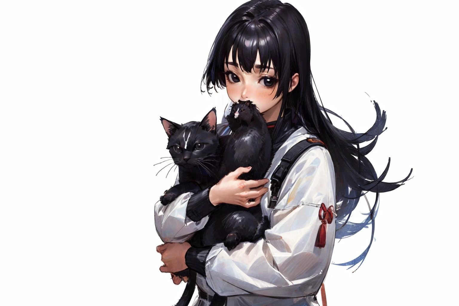 1girl,black hair,solo,holding animal,looking at viewer,black eyes,holding,long hair,holding cat,realistic,simple background,covered mouth,upper body,long sleeves <lora:colorFish_v10:0.7> <lora:dtl11-cnlight:-0.5> SHIRO MASAMUNE <lyco:Shiro Masamuneloha:0.5>