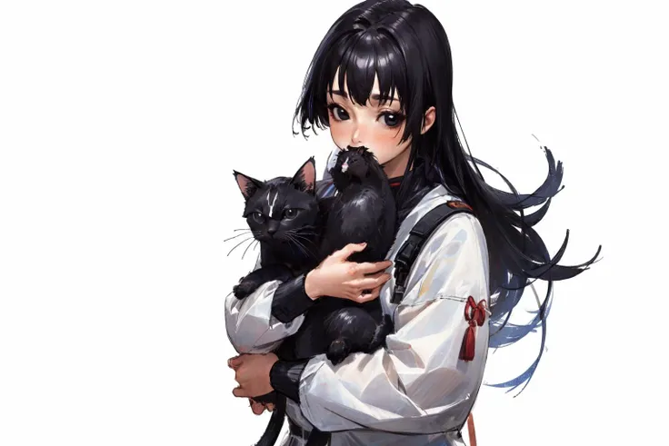 1girl,black hair,solo,holding animal,looking at viewer,black eyes,holding,long hair,holding cat,realistic,simple background,covered mouth,upper body,long sleeves   <lora:colorFish_v10:0.7> <lora:dtl11-cnlight:-0.5>    SHIRO MASAMUNE <lyco:Shiro Masamuneloha:0.5>