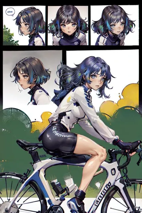 masterpiece, best quality, 2 girls, (random hair color:1.3), grey eyes, cycling outfit, (Text Bubble), comic about bike riding in the country, Border, (profiles:0.5), 4 panel, dynamic poses, high saturation, <lora:Shiro Masamuneloha:0.7>, 4 panel comic, borders, <lora:manhuav1.2:1.0>, full body, upper body