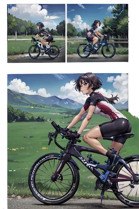 masterpiece, best quality, 2 girls, (random hair colour:1.0), grey eyes, cycling outfit, (Text Bubble), comic about bike riding in the country, Border, (profiles:0.5), 4 panel, dynamic poses, high saturation, <lora:Shiro Masamuneloha:0.7>, 4 panel comic, borders, <lora:manhuav1.2:1.0>, full body, rear and front