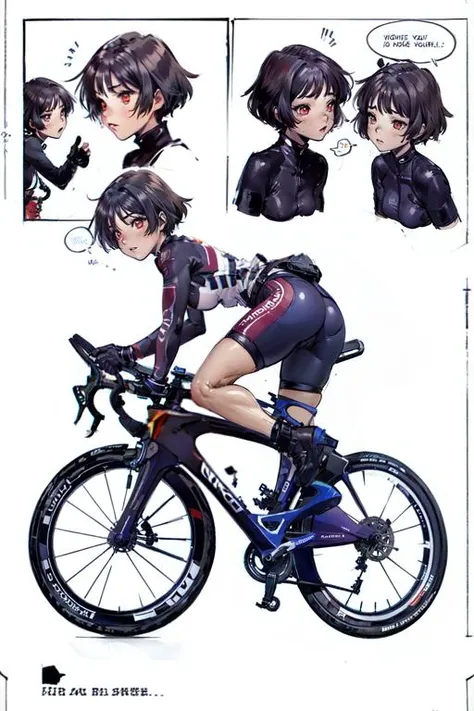 masterpiece, best quality, 1girl, short black messy hair, red eyes, cycling outfit, (Text Bubble), comic about bike riding in the country, Border, (profiles:0.5), 4 panel, dynamic poses, high saturation, <lora:Shiro Masamuneloha:0.7>, 4 panel comic, borders, <lora:manhuav1.2:1.3>, full body,