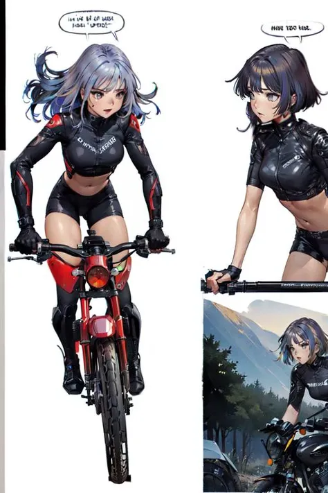 masterpiece, best quality, 2 girls, (random hair color:1.3), grey eyes, biker outfit, (Text Bubble), comic about motorbike on highway, Border, (profiles:0.5), 4 panel, dynamic poses, high saturation, <lora:Shiro Masamuneloha:0.7>, 4 panel comic, borders, <lora:manhuav1.2:0.7>, full body, upper body