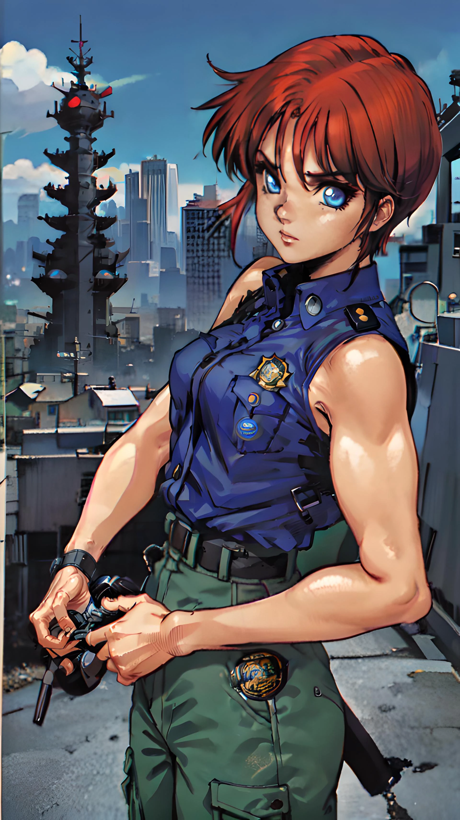 HNKstyle, Shiro Masamune, 1girl, leona, solo, mature, medium breasts, short red hair, 80s aesthetic, blue eyes, blue buttonshirt, grey cargo pants, clean futuristic city backdrop, police badge on shirt, <lora:Shiro Masamuneloha:0.7> , <lora:msm_a3:0.2>, upper body, <lora:HNKstyle:0.3>, tank police, <lora:80sv1:0.5>, top view
