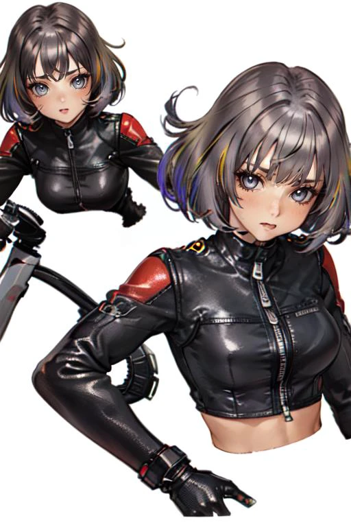 masterpiece, best quality, 1 girl, close-up face, (random hair color:1.3), grey eyes, unzipped biker outfit, (profiles:0.5), dynamic poses, high saturation, <lora:Shiro Masamuneloha:0.7>,