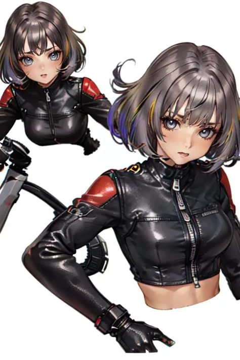 masterpiece, best quality, 1 girl,   close-up face, (random hair color:1.3), grey eyes, unzipped biker outfit, (profiles:0.5), dynamic poses, high saturation,  <lora:Shiro Masamuneloha:0.7>,