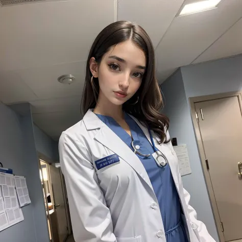 <lora:emilywillis:0.85> emilywillis, dressed as a doctor in a hospital holding a clipboard