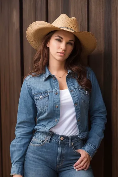 DEN_sabrina_mareeMK2,
country beauty posing against a wooden fence with a plaid shirt and jeans and a cowboy hat, cow girl, country girl, cow girl,
bokeh, f1.4, 40mm, photorealistic, raw, 8k, textured skin, skin pores, intricate details <lora:epi_noiseoffset2:1>, epiCRealism, <lora:ClothingAdjuster3:-1.0>