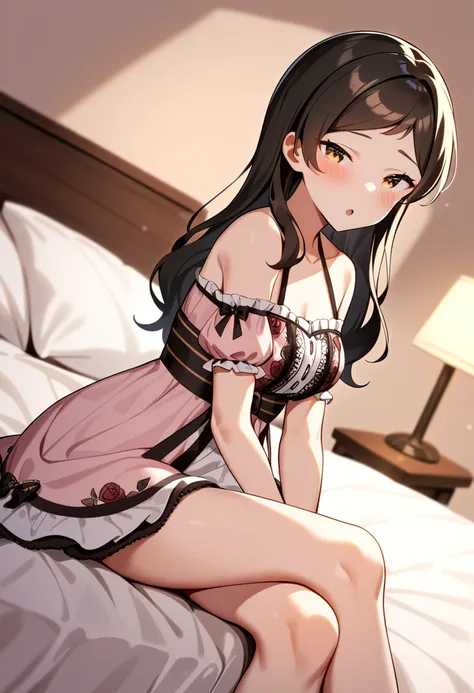 masterpiece, best quality, very aesthetic, absurdres,
kitazawa shiho, sexy-beautiful, 1girl, solo, sitting, blush, looking at viewer, brown eyes, crossed legs, brown hair, bare shoulders, collarbone, own hands together, open mouth, blurry background, parted lips, depth of field, lamp, frills, white dress, detached sleeves, dutch angle, swept bangs, indoors, light particles, frilled dress, yellow eyes, black hair, on bed, eyebrows visible through hair, interlocked fingers, sleeveless dress, feet out of frame, puffy short sleeves, sitting on bed, black ribbon, parted bangs, floral print, white skirt, own hands clasped, halterneck, leaning forward, shiny, nightgown, off shoulder, :o, very long hair, medium breasts, bedroom, sidelocks, spaghetti strap, bokeh, light, frilled sleeves, rose print, thighs, short dress, ribbon trim, bare arms, shiny hair, legs together, smile, off-shoulder dress, black bow, arm garter, half-closed eyes, from side, bed sheet, pink dress
<lora:kitazawa_shiho_sdxl_ani31_p_locon_v1:0.8>