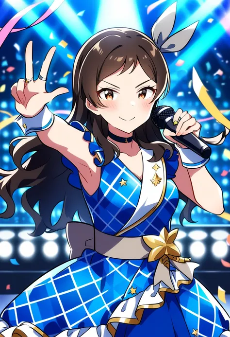 masterpiece, best quality, very aesthetic, absurdres,
kitazawa shiho, infinite-sky, 1girl, microphone, long hair, solo, confetti, brown eyes, smile, black hair, v, brown hair, looking at viewer, blue dress, holding microphone, w,  jewelry, blush, hair ornament, arm up, frills, v-shaped eyebrows, collarbone, streamers, ring, short sleeves, wristband, cowboy shot, closed mouth, pose, parted bangs, standing, hair bow, sleeveless dress, frilled dress, armpits, argyle, frilled sleeves, upper body, wavy hair, blue skirt, wrist cuffs, dot nose, hair ribbon, grey ribbon, black choker, outstretched arm, plaid dress, hand up, sash, checkered dress, checkered clothes, medium breasts, stage, stage lights
<lora:kitazawa_shiho_sdxl_ani31_p_locon_v1:0.8>