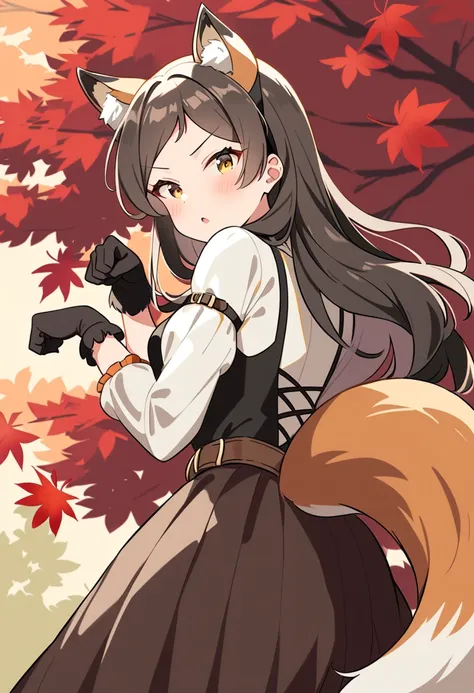 masterpiece, best quality, very aesthetic, absurdres,
kitazawa shiho, konkon comfort, 1girl, solo, brown hair, long sleeves, looking at viewer, black gloves, leaf, brown eyes, paw pose, open mouth, animal ear fluff, autumn leaves, maple leaf, white shirt, yellow eyes, from side, black dress, belt, leaning forward, cowboy shot, standing, puffy sleeves, looking back,  blush, looking to the side, eyebrows visible through hair, juliet sleeves, parted lips, black hair, v-shaped eyebrows, fox ears, fox tail, fox girl, :o, from behind, leaf background, brown belt, arm belt, very long hair, brown gloves, frills, medium breasts, corset, extra ears, red ribbon, pinafore dress, swept bangs, grey hair, fur trim, falling leaves, fake tail, tail raised, hand up, black vest, black skirt, fur-trimmed gloves, hands up, arm garter, fake animal ears, brown skirt, parted bangs, arm strap, sleeveless, floating hair, long skirt, outdoors
<lora:kitazawa_shiho_sdxl_ani31_p_locon_v1:0.8>