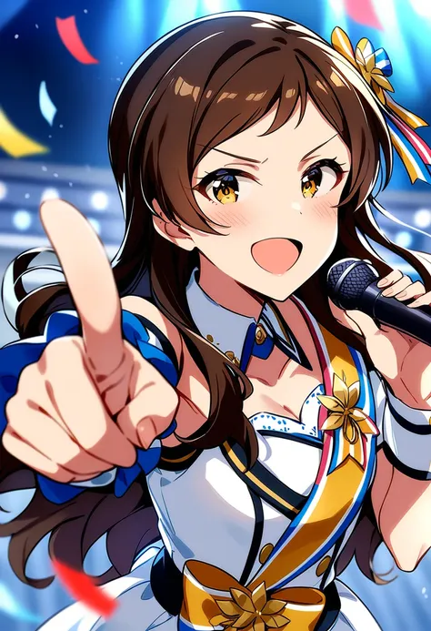 masterpiece, best quality, very aesthetic, absurdres,
kitazawa shiho, nouvelle tricolore, 1girl, brown hair, microphone, solo, open mouth, brown eyes, smile, confetti, looking at viewer, pointing, holding microphone, index finger raised, wrist cuffs, :d, blush, pointing at viewer, upper body, detached sleeves, hair ornament, puffy short sleeves, white dress, bare shoulders, yellow eyes, collarbone,  singing, music, blue choker, depth of field, buttons, blue bow, cleavage, yellow bow, skirt, swept bangs, yellow ribbon, parted bangs, striped bow, very long hair, wavy hair, blue ribbon, foreshortening, standing, detached collar, jewelry, striped ribbon, pointing up, blue neckwear, outstretched arm, sash, white shirt, shiny, shoulder cutout, uneven sleeves, v-shaped eyebrows, white bow, stage, stage lights
<lora:kitazawa_shiho_sdxl_ani31_p_locon_v1:0.8>