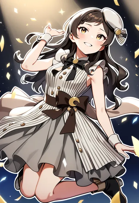 masterpiece, best quality, very aesthetic, absurdres,
kitazawa shiho, secret pride, 1girl, solo, long hair, smile, brown eyes, brown hair, star \(symbol\), wrist cuffs, blush, black hair, grey dress, black neckwear, vertical-striped dress, black bow, vertical stripes, high heel boots, crescent, frills, white footwear, sleeveless dress, grin, looking to the side, looking away, white outline, hand up, sparkle, parted lips, wristband, striped dress, black ribbon, short sleeves, yellow eyes, neck ribbon, ankle boots, white dress, jewelry, teeth, grey footwear, buttons, looking up, frilled dress, eyebrows visible through hair, back bow, floating, black footwear, arm up, hair ornament, vertical-striped skirt, medium breasts, bare arms, see-through sleeves, gem, bare legs, open mouth, sash, knees together feet apart, belt, see-through skirt, swept bangs, pleated dress, waist bow, braided bangs, confetti, bare shoulders, wavy hair, layered dress, grey bow, grey skirt, striped clothes, two-tone dress, black bowtie, vertical-striped clothes, dot nose, multicolored clothes, dress bow, mini hat, beret, tilted headwear, white headwear, hat bow, hat ribbon, hat ornament, stage, stage lights
<lora:kitazawa_shiho_sdxl_ani31_p_locon_v1:0.8>