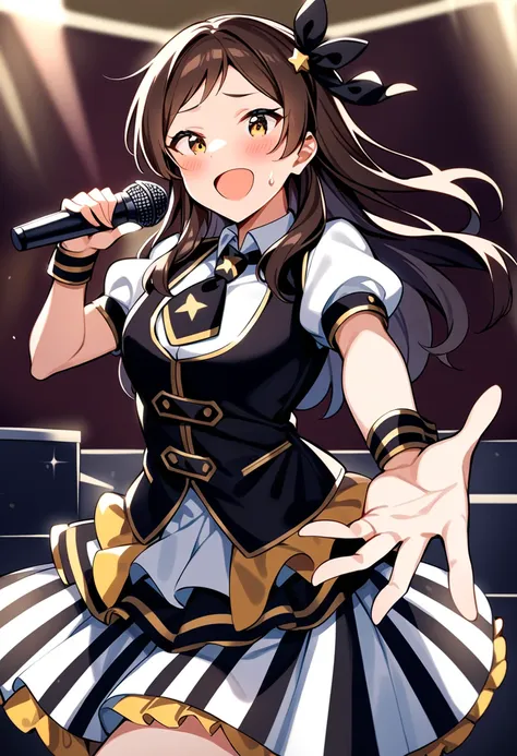 masterpiece, best quality, very aesthetic, absurdres,
kitazawa shiho, parfait noir, 1girl, brown hair, microphone, long hair, solo, open mouth, brown eyes, smile, wrist cuffs, stage, looking at viewer, blush, :d, hair bow, outstretched arm, stage lights, holding microphone, sweat, yellow eyes, music, frilled skirt, star hair ornament, singing, sweatdrop, sparkle, outstretched hand, puffy short sleeves, standing, leg up, standing on one leg, black neckwear, white skirt, white shirt, short necktie, wristband, layered skirt, black footwear, cowboy shot, reaching out, pleated skirt, black vest, striped skirt, glowstick, one side up, hair ribbon, spotlight, miniskirt, eyebrows visible through hair, collared shirt, dress, arm up, black bow, vertical-striped skirt
<lora:kitazawa_shiho_sdxl_ani31_p_locon_v1:0.8>