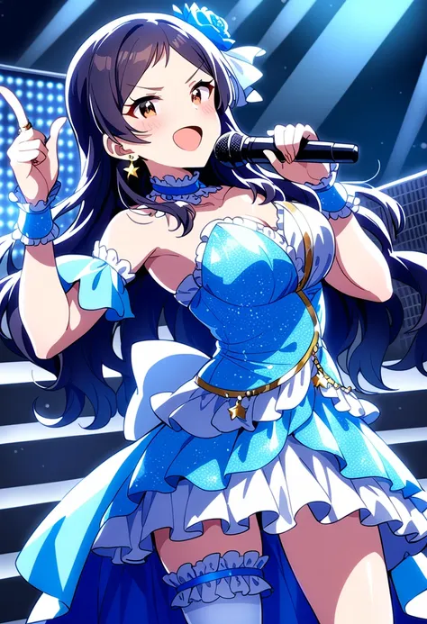 masterpiece, best quality, very aesthetic, absurdres,
1girl, kitazawa shiho, crescendo glitter, brown hair, brown eyes, jewelry, smile, open mouth, thighhighs, hair flower, microphone, looking at viewer, stage, :d, detached sleeves, stage lights, star \(symbol\), wrist cuffs, blue dress, white legwear, frills, star earrings, bare shoulders, ring, index finger raised, medium breasts, blush, blue flower, frilled dress, star hair ornament, cleavage, music, solo focus, collarbone, singing, pointing, very long hair, strapless dress, skirt, hair bow, blue hair, wavy hair, frilled choker, hand on own chest, two side up, standing, parted bangs, v-shaped eyebrows, hair ribbon, single thighhigh, spotlight, sleeveless, detached collar, dancing, blue rose,  zettai ryouiki
<lora:kitazawa_shiho_sdxl_ani31_p_locon_v1:0.8>