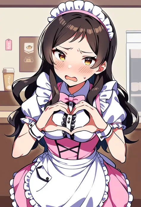 masterpiece, best quality, very aesthetic, absurdres,
kitazawa shiho, pretty waitress, 1girl, solo, long hair, heart hands, maid headdress, blush, open mouth, wrist cuffs, brown eyes, puffy short sleeves, sweatdrop, frills, looking at viewer, pink neckwear, waist apron, brown hair, black hair, upper body, white apron, pink bow, medium breasts, eyebrows visible through hair, white shirt, frilled apron, orange eyes, pink skirt, enmaided, maid apron, pink dress, v-shaped eyebrows, waitress, wavy mouth, parted bangs, pink apron, pink hairband, pocket, sweat, collared shirt, buttons, underbust, blush stickers, frown, wavy hair, frilled cuffs, embarrassed, swept bangs, frilled sleeves, hands up, sidelocks, yellow eyes, pink ribbon, cowboy shot, center frills, wing collar, standing, furrowed brow, corset, frilled dress, frilled hairband, dress shirt, pink bowtie, white headdress, white wrist cuffs, cafe, indoors
<lora:kitazawa_shiho_sdxl_ani31_p_locon_v1:0.8>