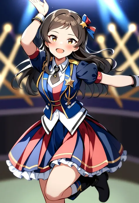 masterpiece, best quality, very aesthetic, absurdres,
kitazawa shiho, royal starlet, 1girl, brown eyes, solo, long hair, smile, open mouth, looking at viewer, arms up, stage, brown hair, :d, black hair,  wrist cuffs, standing, white legwear, wristband, star hair ornament, dress, blush, frilled skirt, standing on one leg, frills, stage lights, black neckwear, puffy short sleeves, vest, aiguillette, white shirt, hair bow, blue skirt, leg up, blue jacket, collared shirt, ribbon, outstretched arms, blurry background, grey hair, hairclip, \o/, yellow eyes, black footwear, red skirt, jewelry, multicolored clothes, dress shirt, dancing, multicolored skirt, cowboy shot, pleated skirt, knee boots, wing collar, bracelet, badge, swept bangs, one side up, head tilt
<lora:kitazawa_shiho_sdxl_ani31_p_locon_v1:0.8>