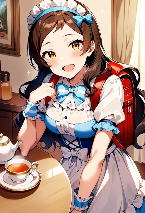 masterpiece, best quality, very aesthetic, absurdres,
kitazawa shiho, ess maid, girl, brown hair, backpack, randoseru, red bag, brown eyes, long hair, teacup, maid headdress, tray, smile, solo, open mouth, looking at viewer, blush, teapot, :d, tea, saucer, hairband, lens flare, blue dress, white dress, corset, table, sparkle, indoors, frills, frilled skirt, white skirt, wavy hair, tea set, blue bow,  curly hair, wrist cuffs, creamer \(vessel\), coffee, puffy short sleeves, frilled sleeves, chair, drink, painting \(object\), frilled dress, blue neckwear, white neckwear, striped neckwear, striped bow, hair ribbon, yellow eyes
<lora:kitazawa_shiho_sdxl_ani31_p_locon_v1:0.8>