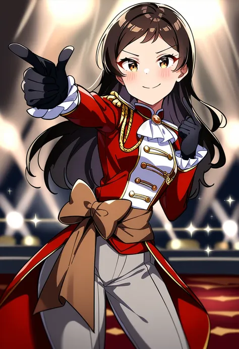 masterpiece, best quality, very aesthetic, absurdres,
kitazawa shiho, etoile brillant, millitheater, 1girl, long hair, brown hair, solo, brown eyes, smile, looking at viewer, black gloves, sash, standing, high heel boots, blush, white pants, sparkle, long sleeves, frills, knee boots, finger gun, brown footwear, military uniform, stage, closed mouth, shadow, black footwear, aiguillette, frilled sleeves, epaulettes, ascot, legs apart, blurry background, grey pants, stage lights, white neckwear, tailcoat, medium breasts, coattails, pointing, outstretched arm, dancing, shiny, depth of field, frilled boots, shiny hair, spotlight, red jacket, frilled gloves, swept bangs, double-breasted, parted bangs, frilled jacket, yellow eyes, black hair, white shirt, arm up, contrapposto, formal, gold trim, eyebrows visible through hair, buttons, v-shaped eyebrows, brown bow, back bow, long jacket, lights, head tilt, hands up, straight hair
<lora:kitazawa_shiho_sdxl_ani31_p_locon_v1:0.8>