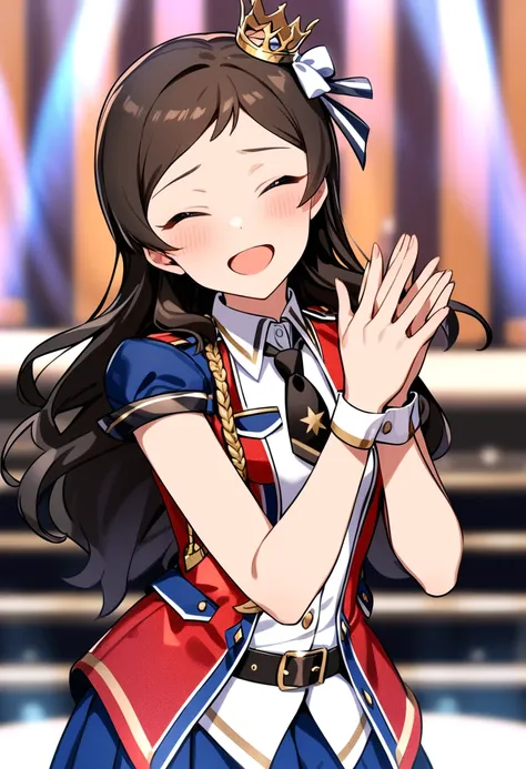 masterpiece, best quality, very aesthetic, absurdres,
kitazawa shiho, shinny trinity, 1girl, closed eyes, long hair, open mouth, own hands together, smile, wrist cuffs, solo, brown hair, black neckwear, belt, black hair, ^ ^, facing viewer, short sleeves, blue skirt, blurry background, :d, pleated skirt, black belt, blush, hair bow, red jacket, white shirt, cuff links, palms together, mini crown, depth of field, floating hair, hair ribbon, hands up, epaulettes, star \(symbol\), short necktie, head tilt, standing, collared shirt, parted bangs, own hands clasped, stage, stage lights, swept bangs, buckle, upper body, cowboy shot, clapping, white bow, belt buckle, solo focus, hair ornament, aiguillette, gold trim, wing collar, looking at viewer, open clothes, singing
<lora:kitazawa_shiho_sdxl_ani31_p_locon_v1:0.8>