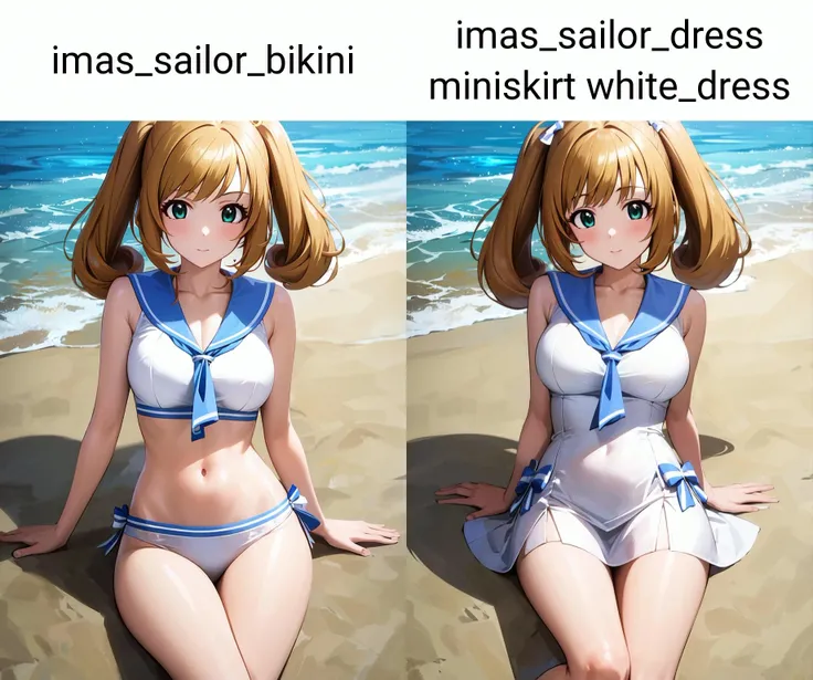masterpiece, best quality, ultra-detailed, illustration, 1girl, solo, looking at viewer, <lora:sailor_bikini-v15h:1> , imas_sailor_bikini, striped bow, thighs, outdoors, beach, <lora:sato_shin-v13:0.6> , sato shin, blonde hair, ahoge, green eyes, large breasts, short twintails