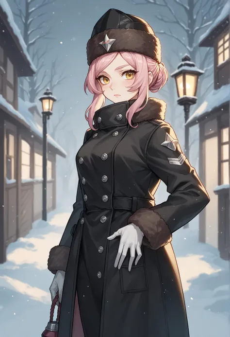 solo <lora:Koyanskaya_pony:1> 1girl, pink hair, yellow eyes, sidelocks, single hair bun, winter clothes, black coat, fur-trimmed headwear, lantern, white gloves, score_9, score_8_up, score_7_up, score_6_up, score_5_up, score_4_up, BREAK source_anime, masterpiece