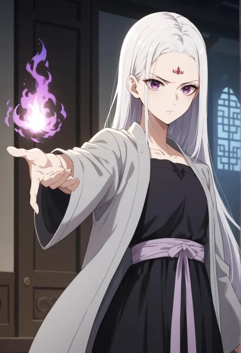 1girl, solo, long hair, purple eyes, white hair, forehead mark, chinese clothes, grey shirt, black skirt, sash, casting spell, reaching towards viewer, purple flames, purple fire, magic, indoors, close-up, serious <lora:raven_inner_palace:0.8>, score_9, score_8_up, score_7_up, score_6_up, score_5_up, score_4_up, BREAK source_anime, masterpiece